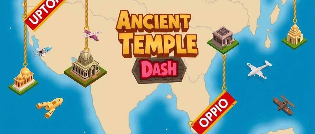 Ancient Temple Dash promotional image showing various temple locations from across India